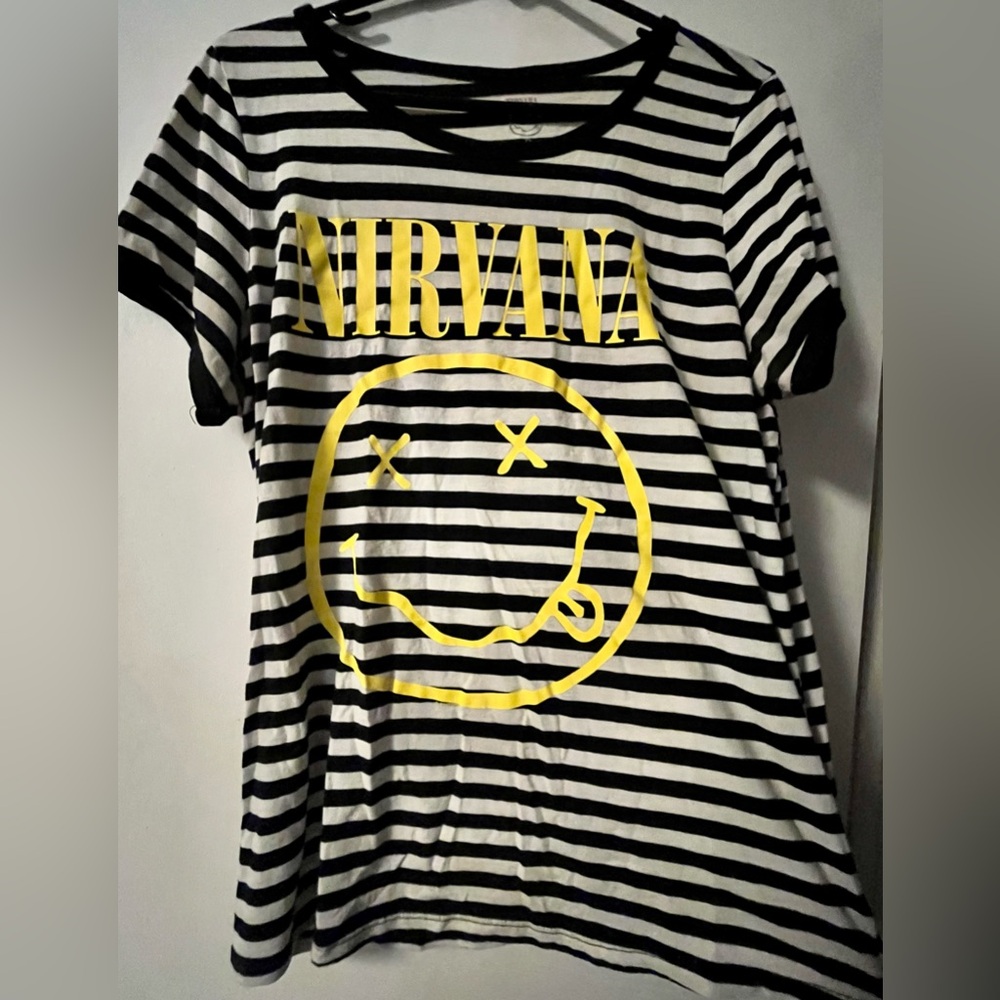 Torrid Black and White Striped Tee with Yellow Graphic